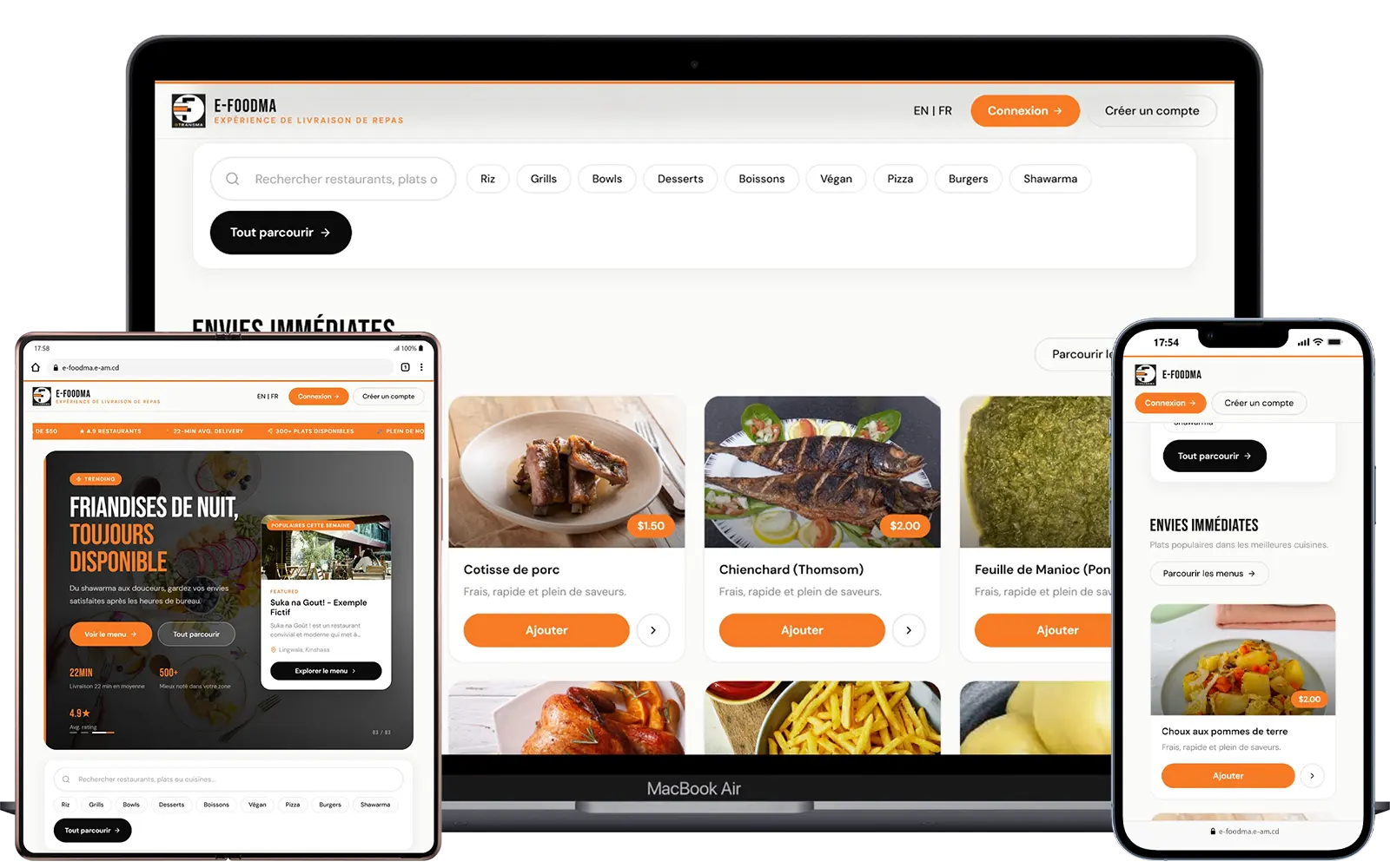 Capture d’écran E-Foodma : catalogue de restaurants et catégories